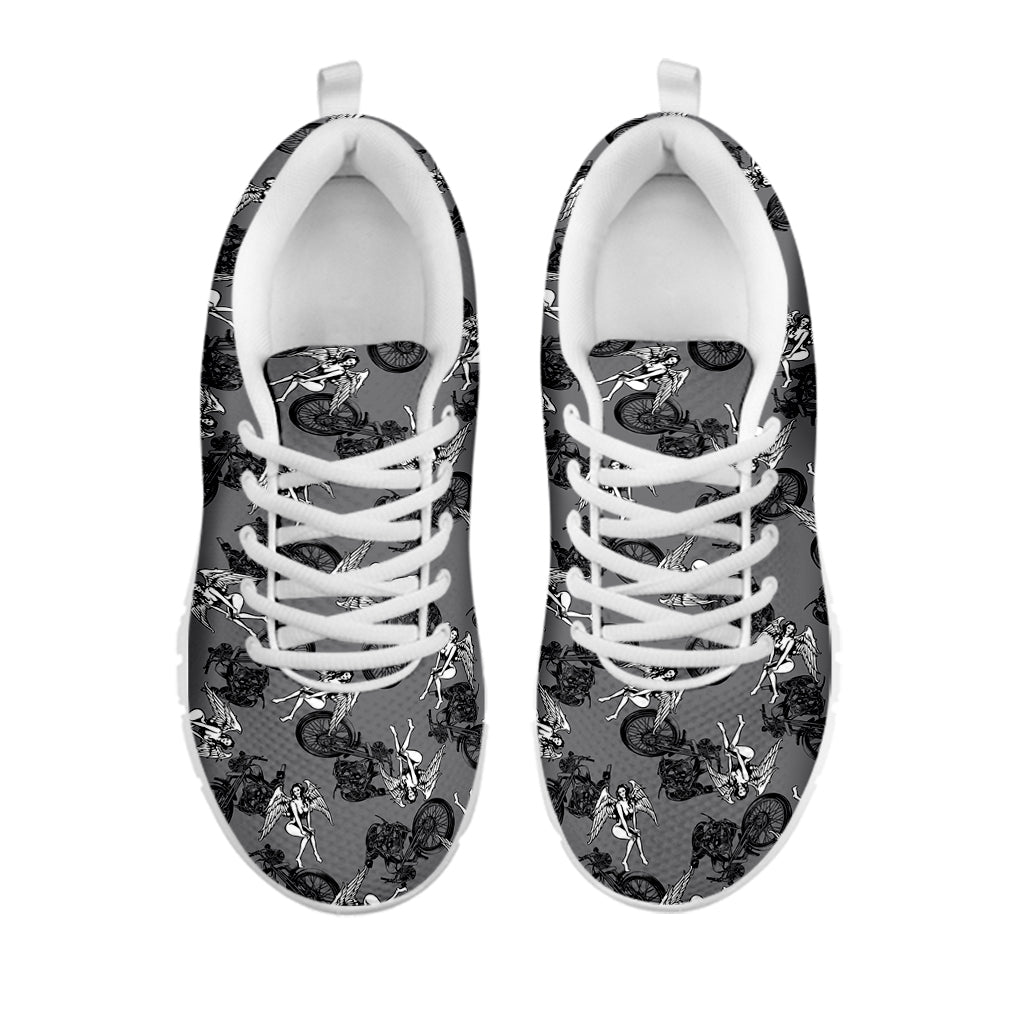 Motorcycle And Angel Pattern Print White Running Shoes