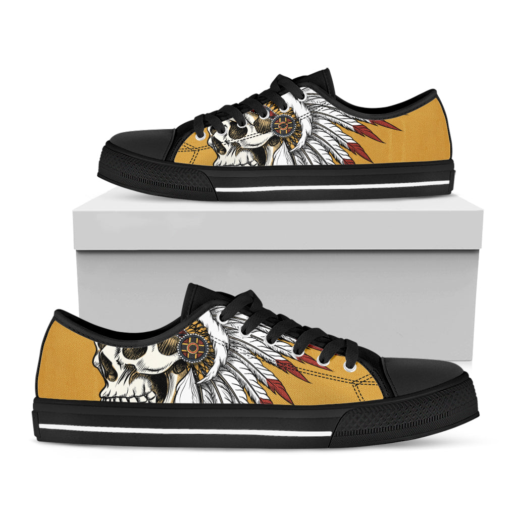 Native American Indian Skull Print Black Low Top Sneakers