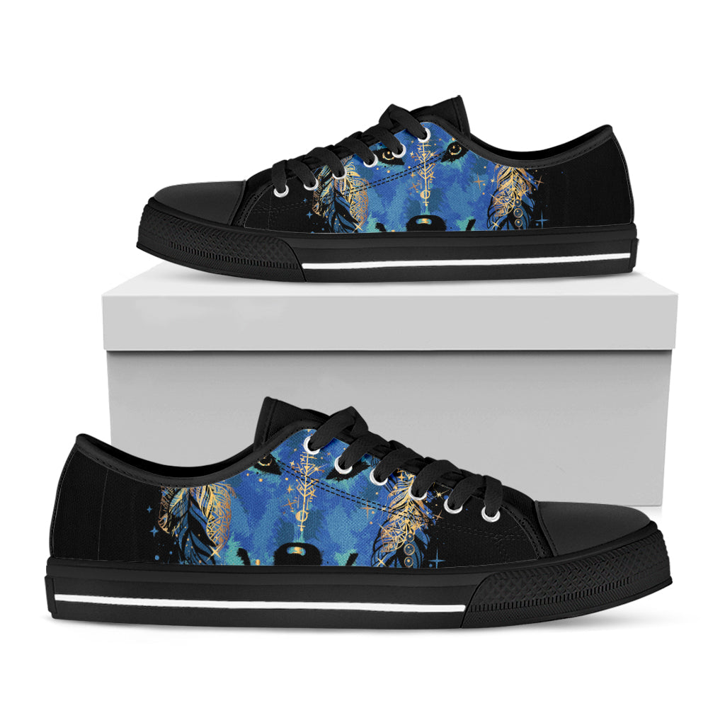Native American Spiritual Wolf Print Black Low Top Sneakers