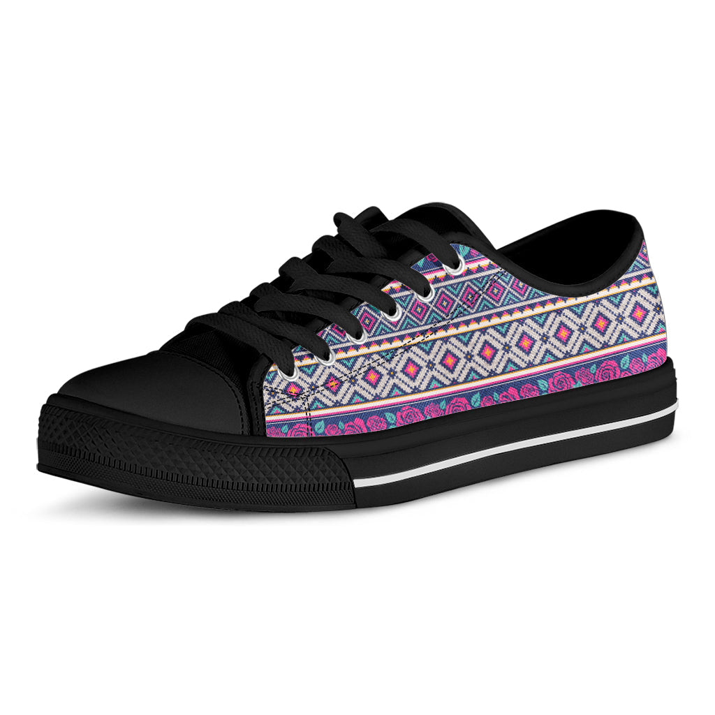 Native Tribal Ethnic Rose Pattern Print Black Low Top Sneakers