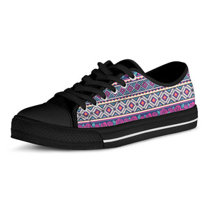 Native Tribal Ethnic Rose Pattern Print Black Low Top Sneakers