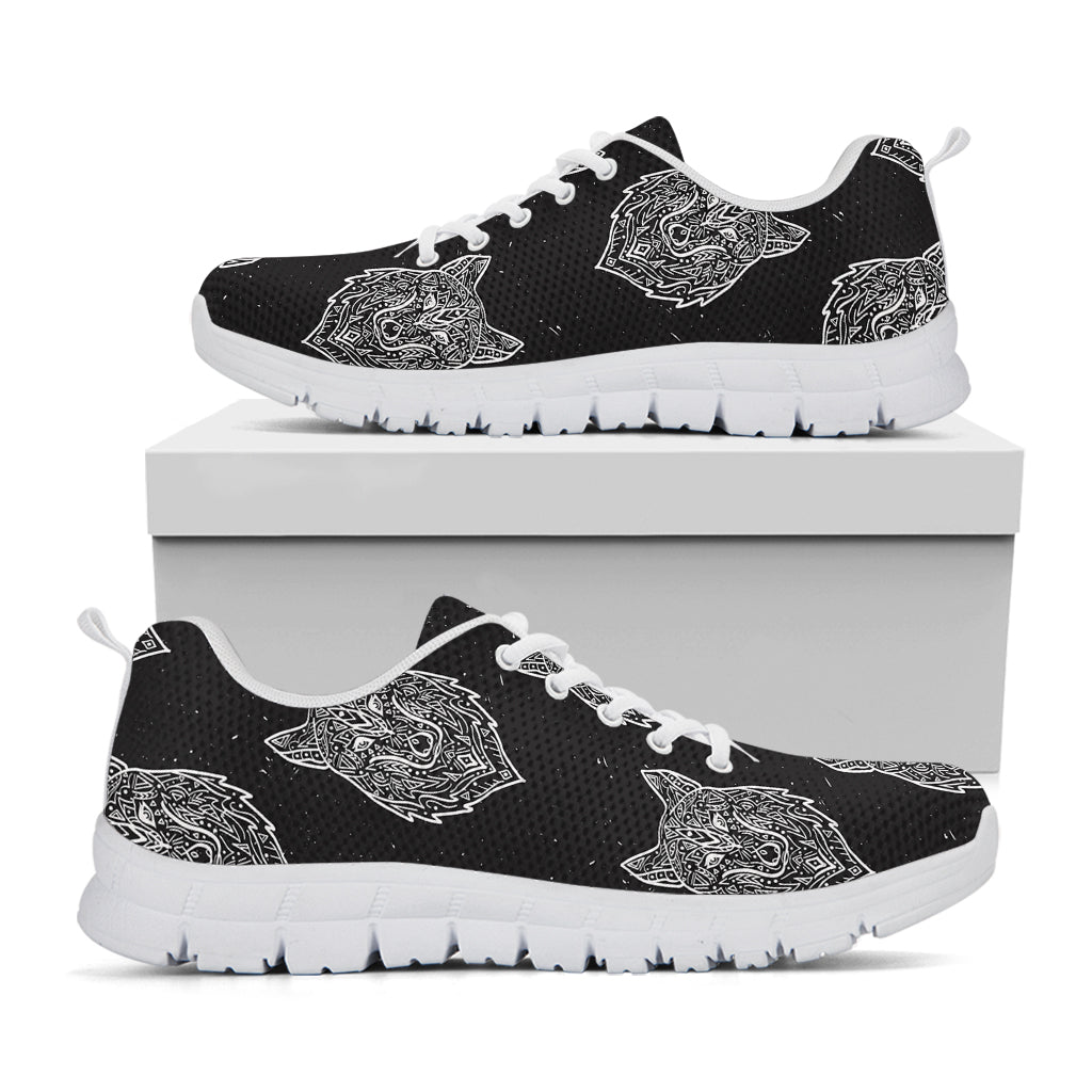 Native Tribal Wolf Pattern Print White Running Shoes
