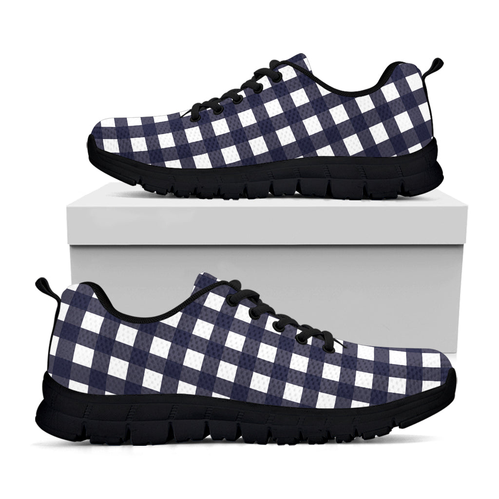 Navy And White Check Pattern Print Black Running Shoes