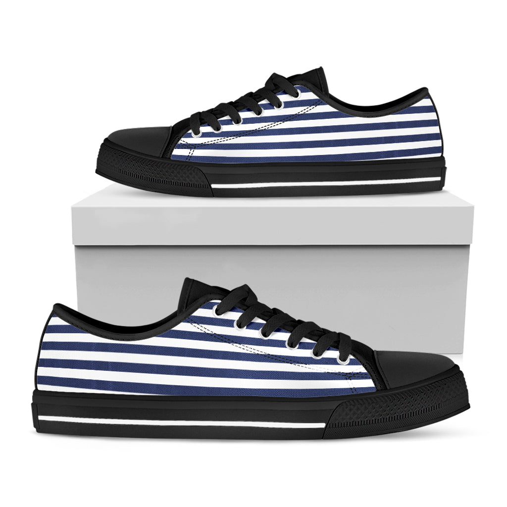 Navy And White Striped Pattern Print Black Low Top Sneakers