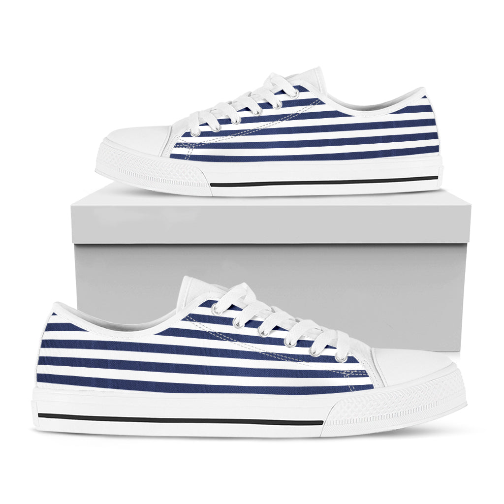 Navy And White Striped Pattern Print White Low Top Sneakers