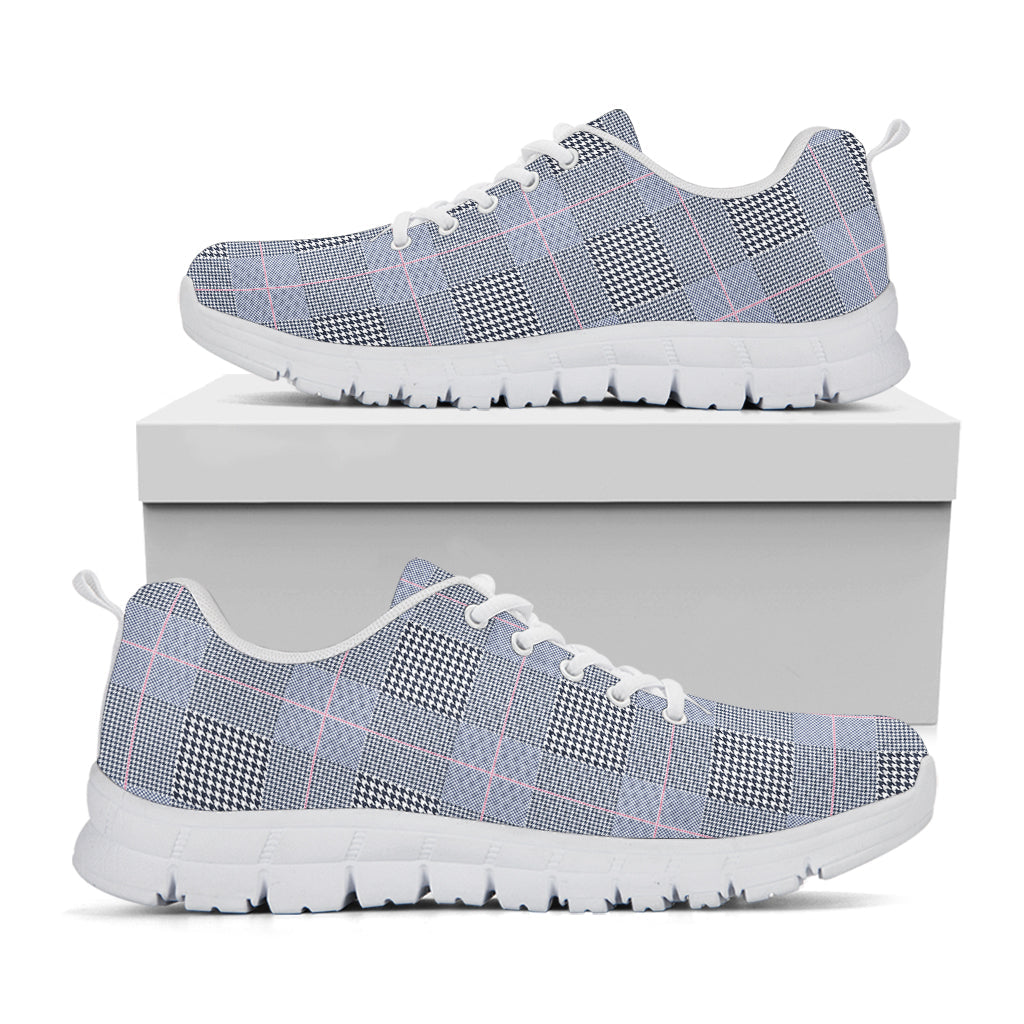 Navy Blue Prince of Wales Check Print White Running Shoes