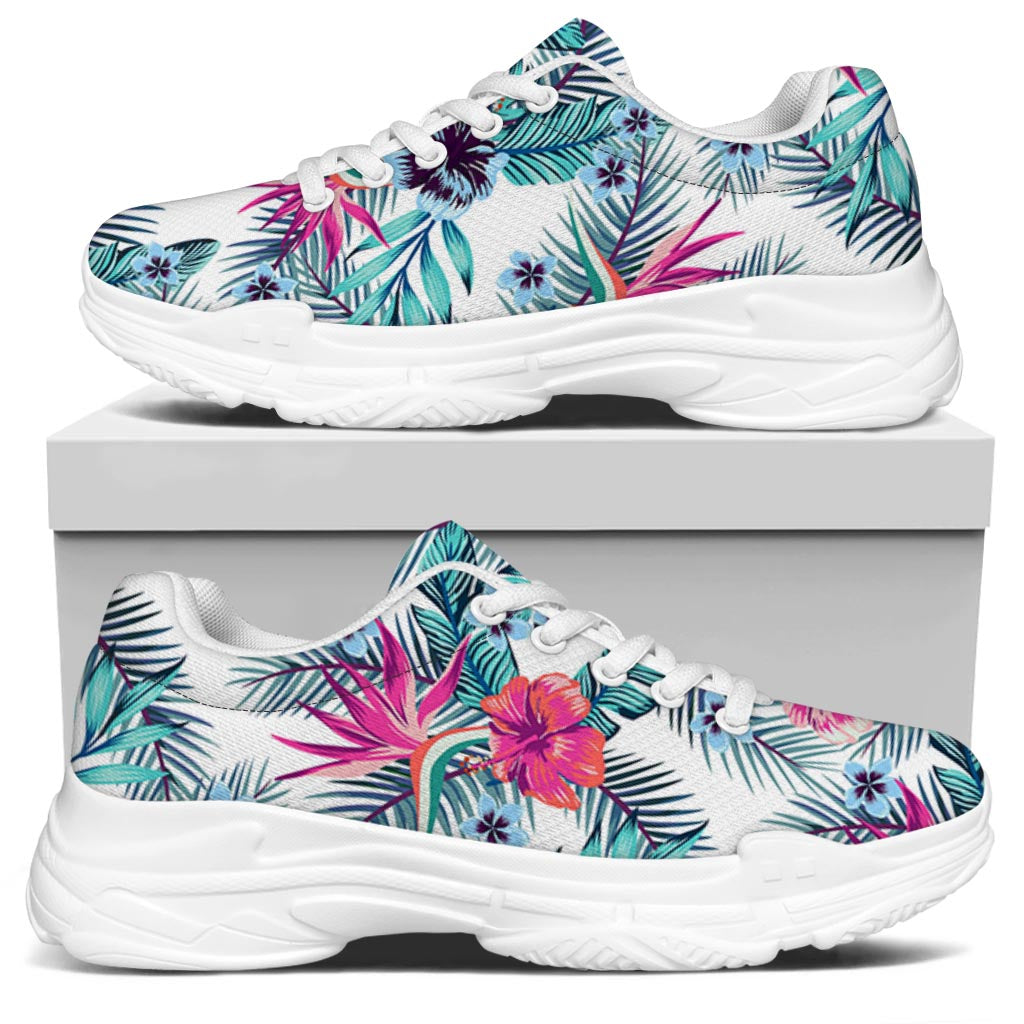 Neon Hibiscus Tropical Pattern Print White Chunky Shoes