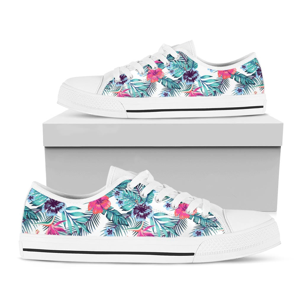 Neon Hibiscus Tropical Pattern Print White Low Top Sneakers