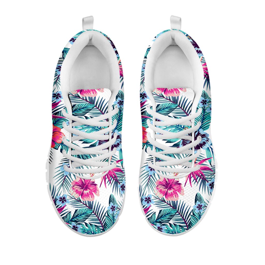 Neon Hibiscus Tropical Pattern Print White Running Shoes