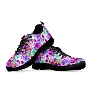 Neon Skull Floral Pattern Print Black Running Shoes