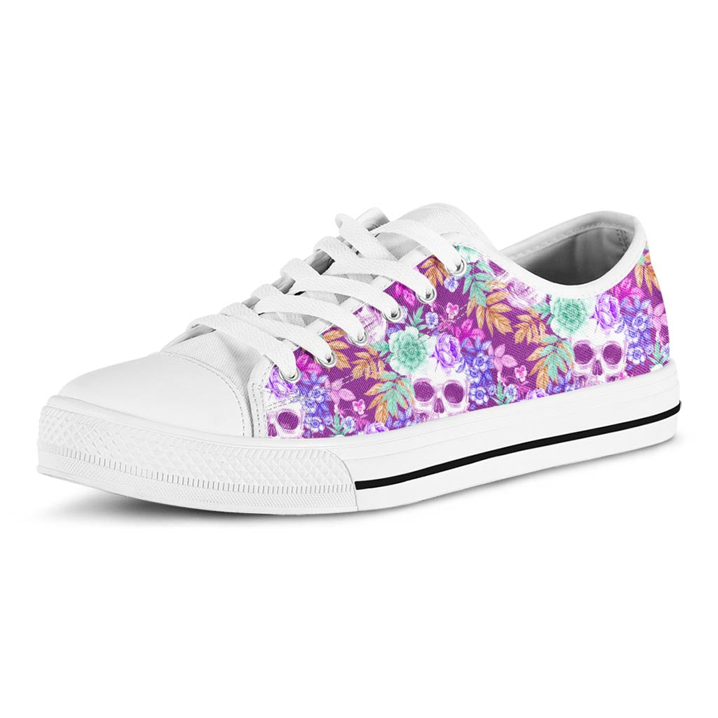 Neon Skull Floral Pattern Print White Low Top Sneakers