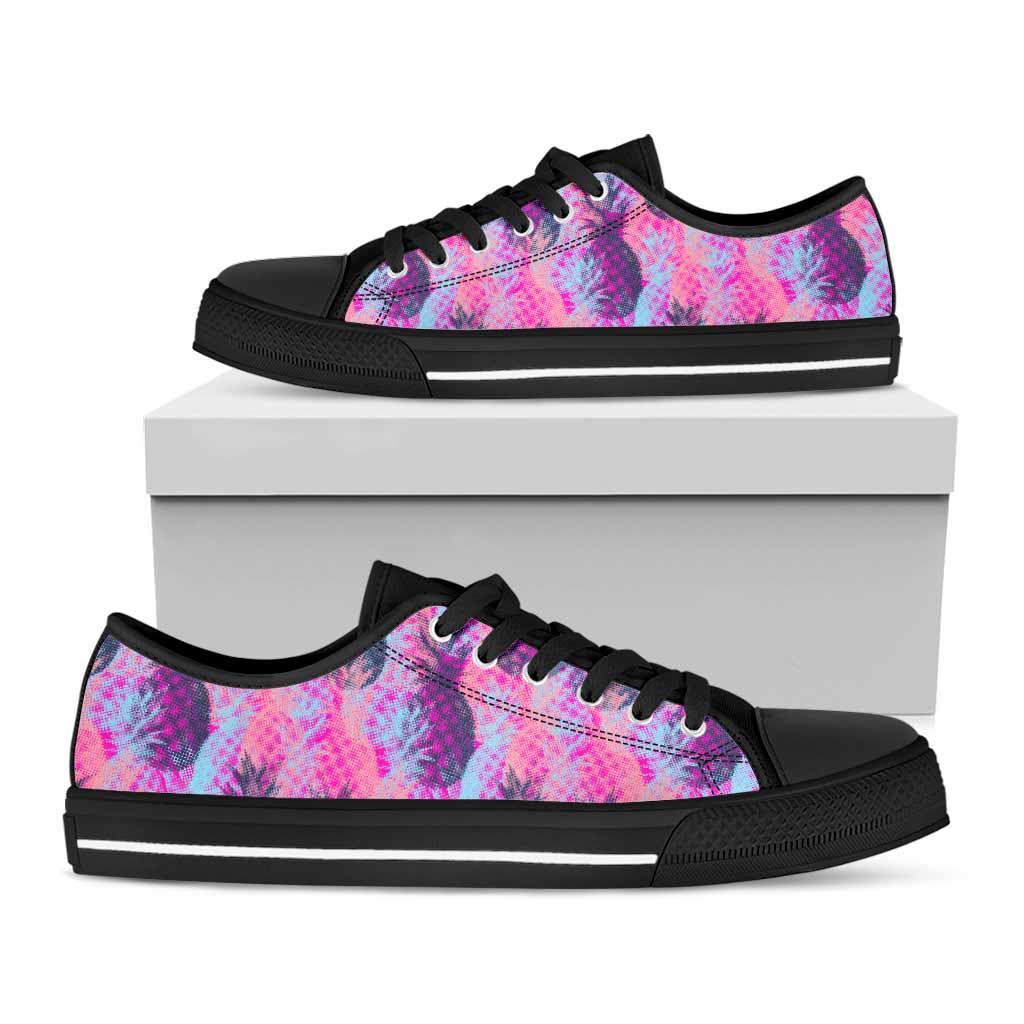 Neon Trippy Pineapple Pattern Print Black Low Top Sneakers