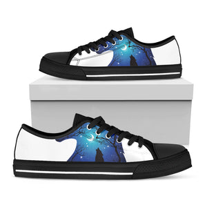 Night Forest Wolf Spirit Print Black Low Top Sneakers