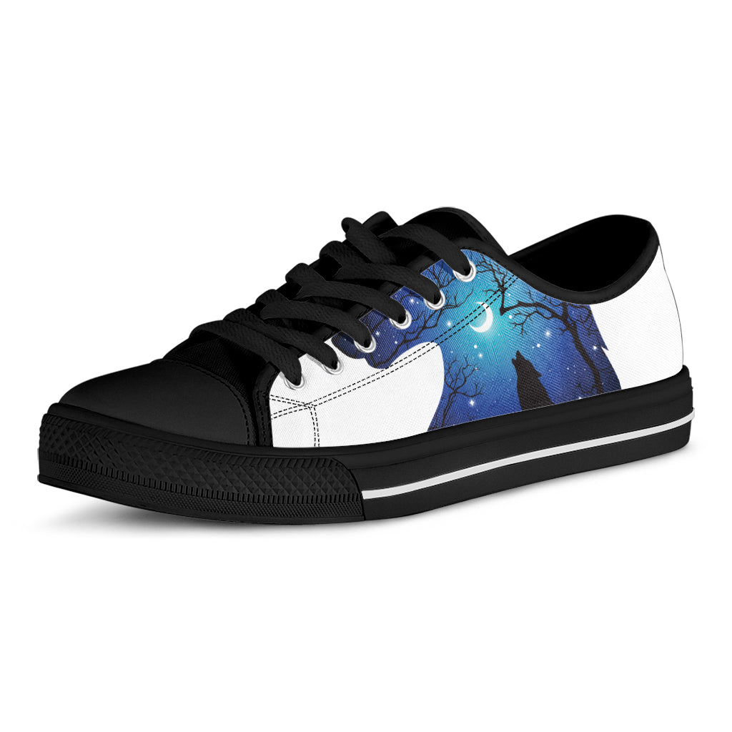Night Forest Wolf Spirit Print Black Low Top Sneakers