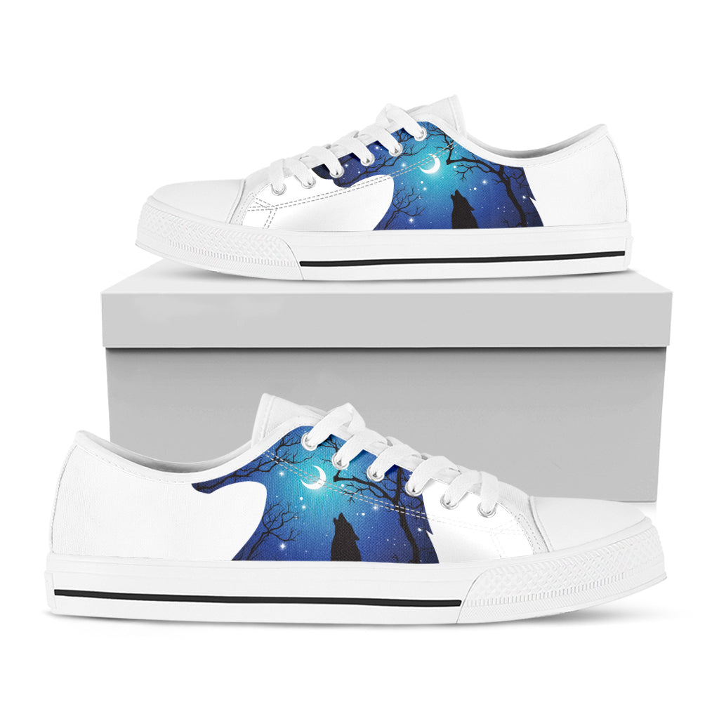 Night Forest Wolf Spirit Print White Low Top Sneakers