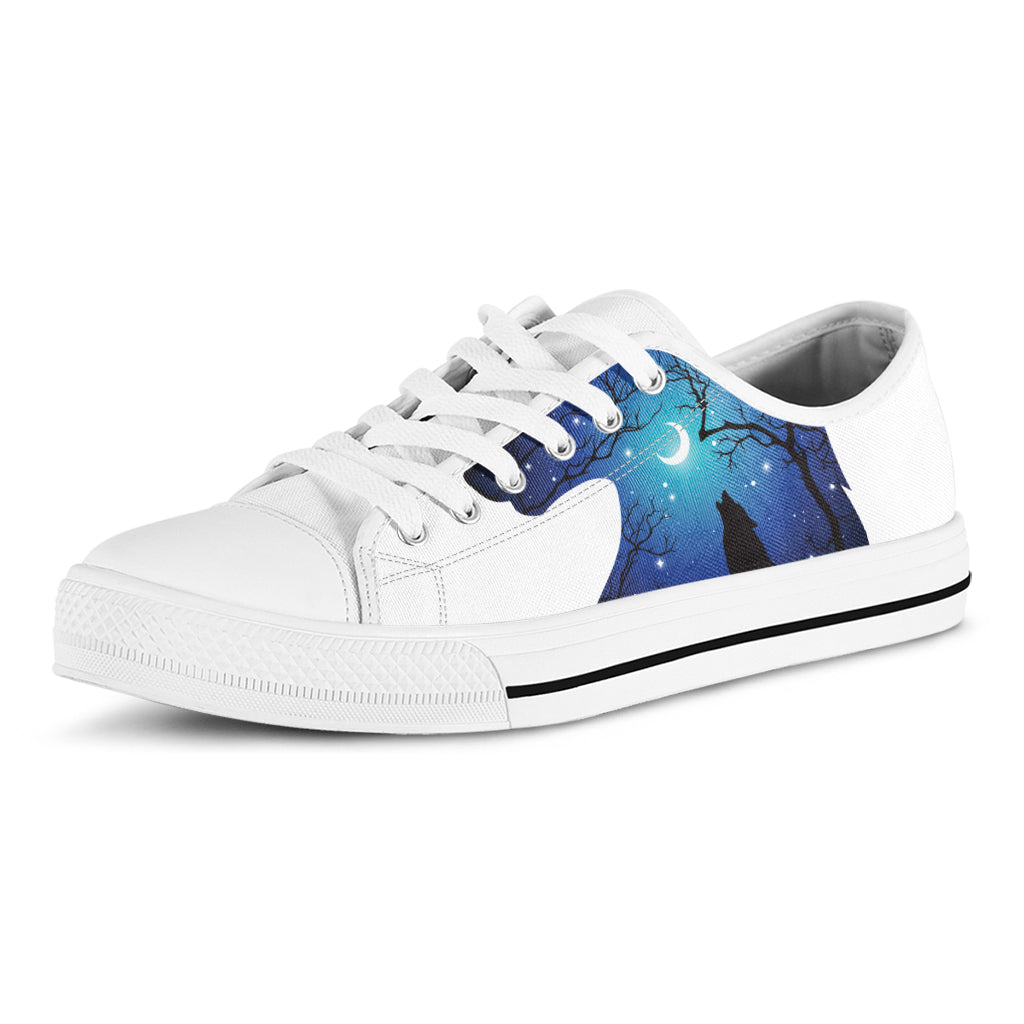 Night Forest Wolf Spirit Print White Low Top Sneakers