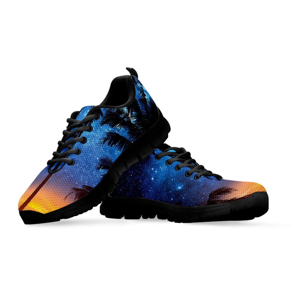 Night Sunset Sky And Palm Trees Print Black Running Shoes