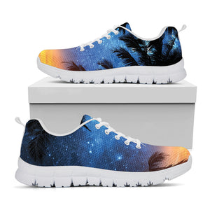 Night Sunset Sky And Palm Trees Print White Running Shoes