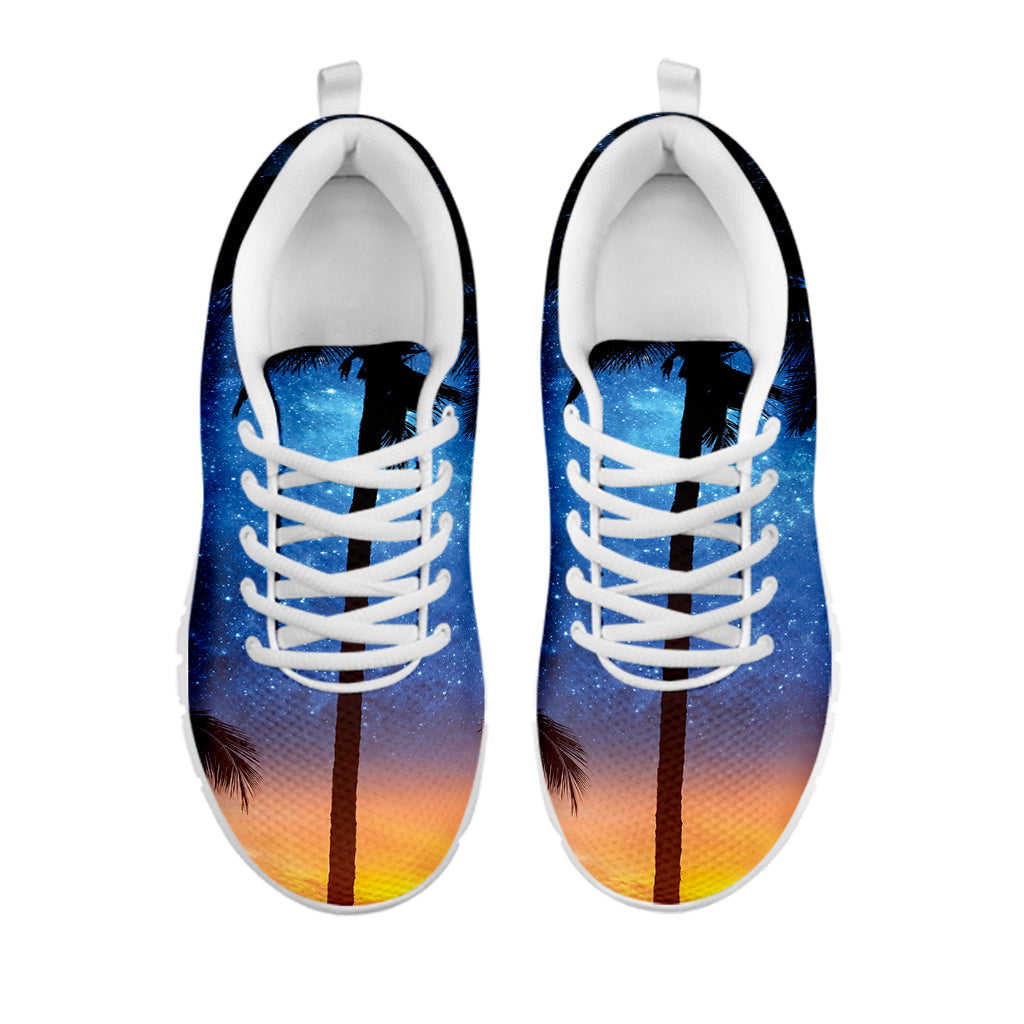 Night Sunset Sky And Palm Trees Print White Running Shoes