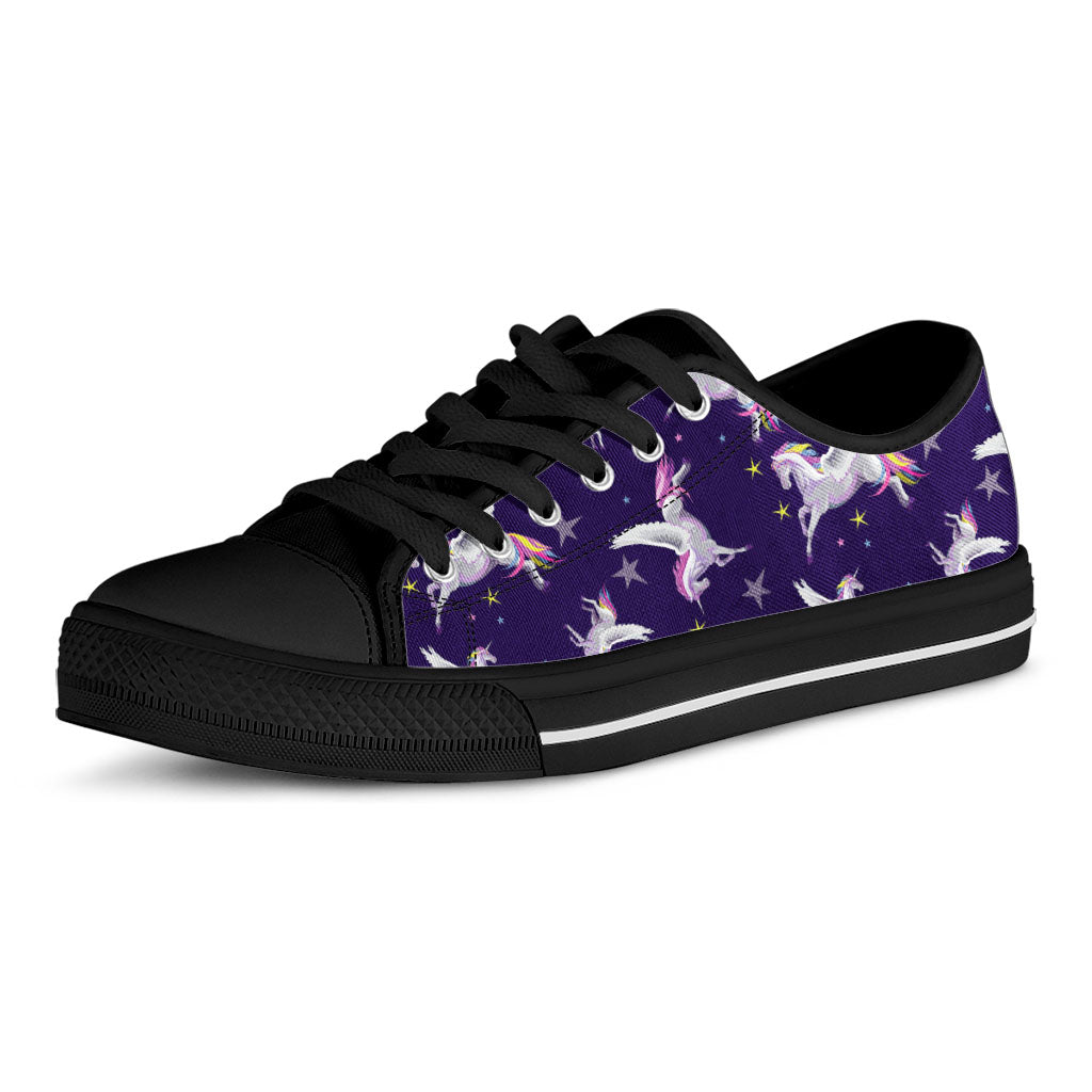 Night Winged Unicorn Pattern Print Black Low Top Sneakers