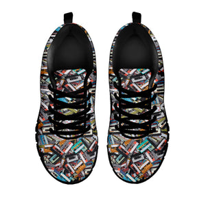 Old Cassette Tape Print Black Running Shoes