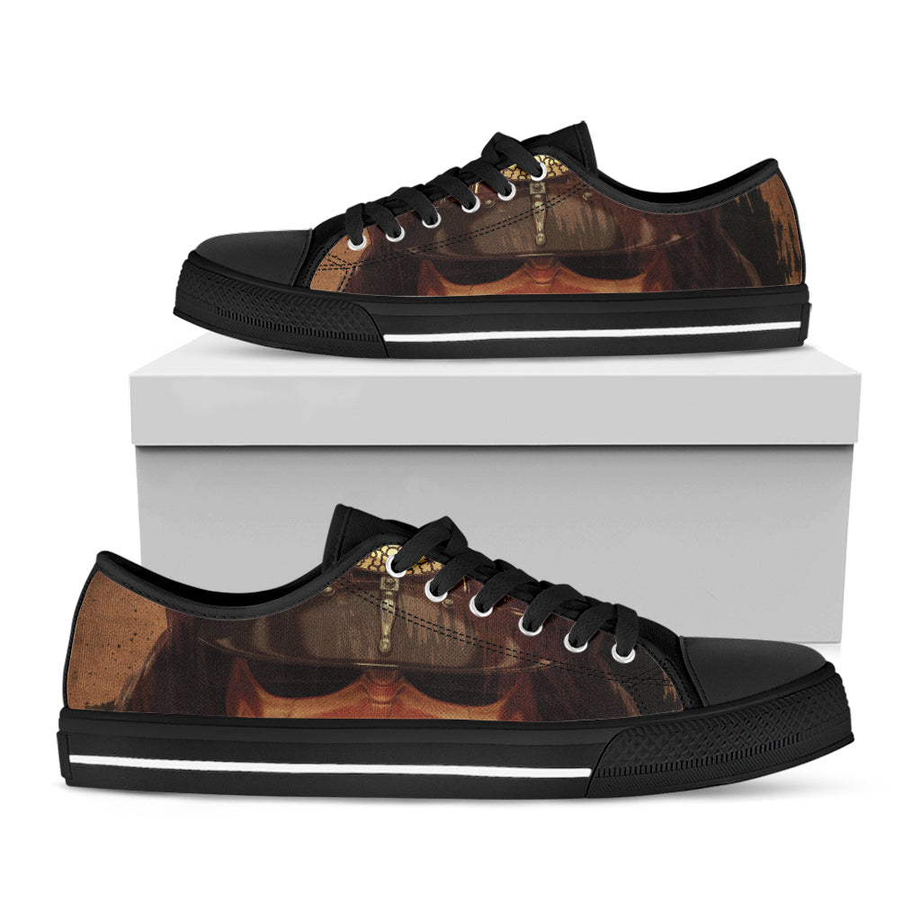 Old Japanese Samurai Mask Print Black Low Top Sneakers
