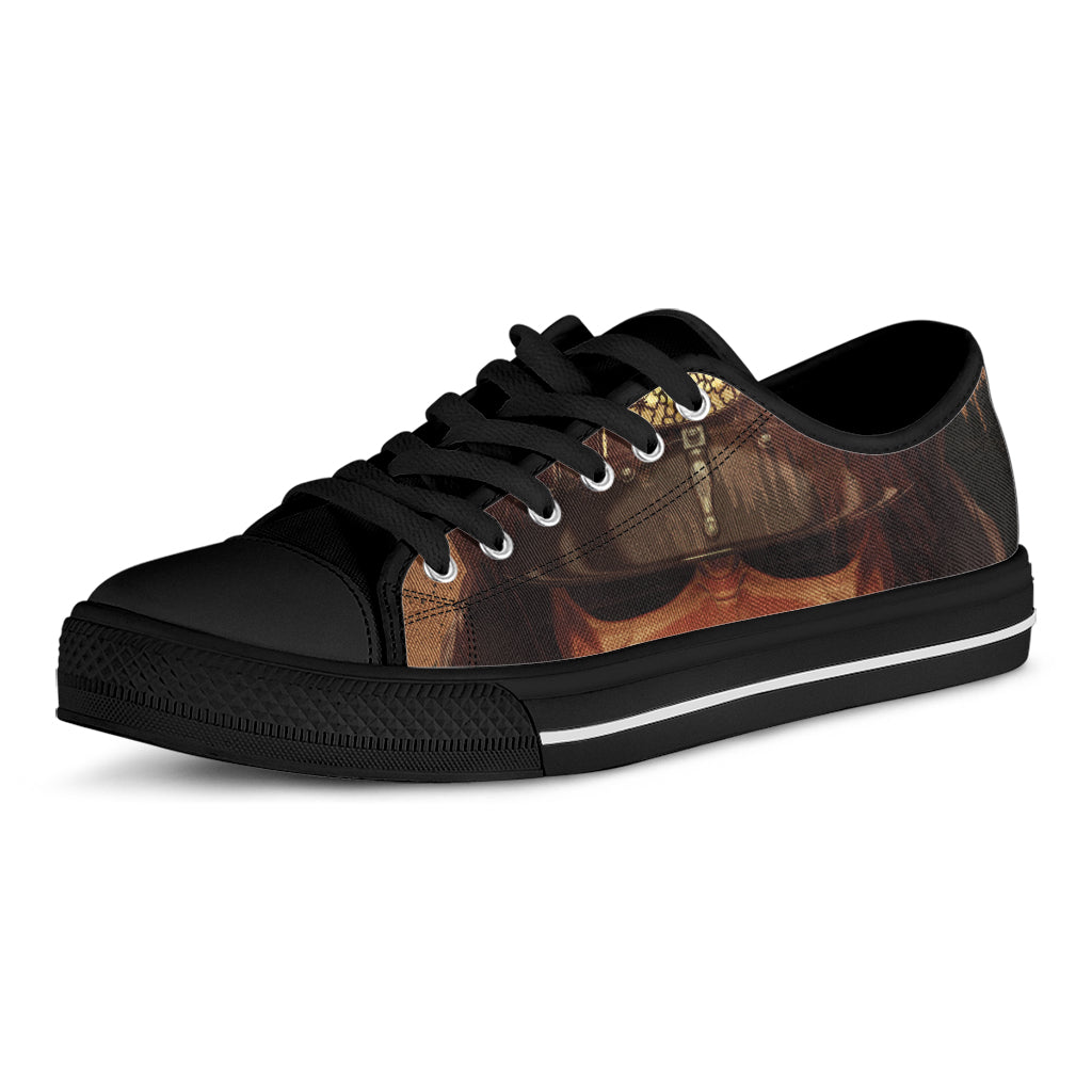 Old Japanese Samurai Mask Print Black Low Top Sneakers