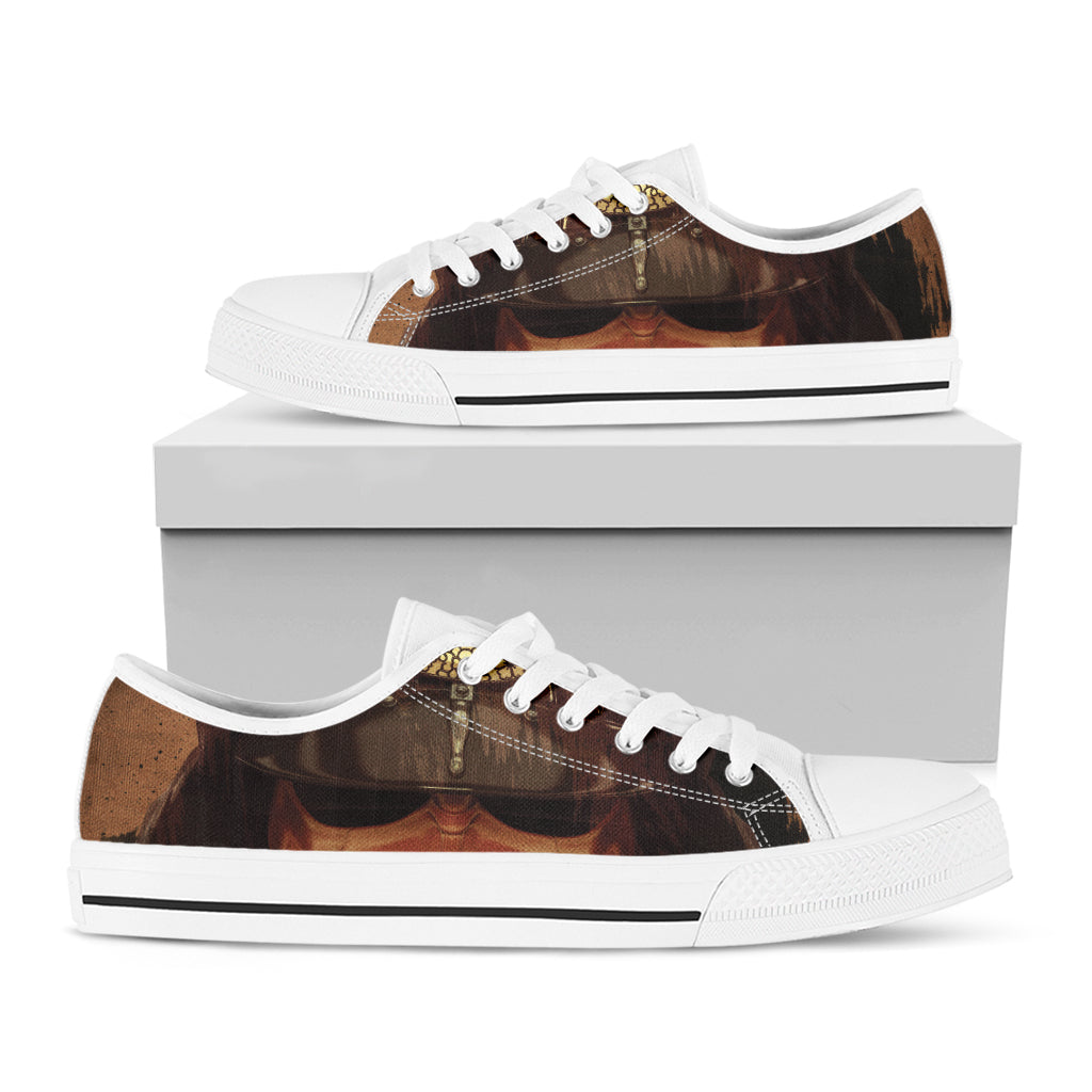 Old Japanese Samurai Mask Print White Low Top Sneakers