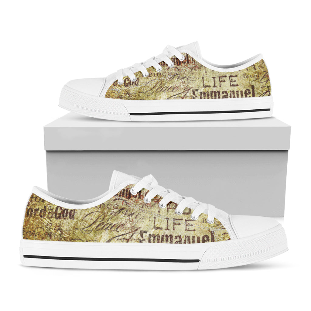 Old Religious Words Print White Low Top Sneakers