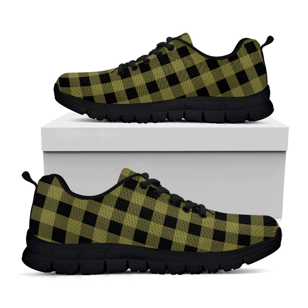 Olive Green Buffalo Check Pattern Print Black Running Shoes