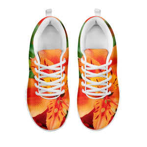 Orange Alstroemeria Print White Running Shoes