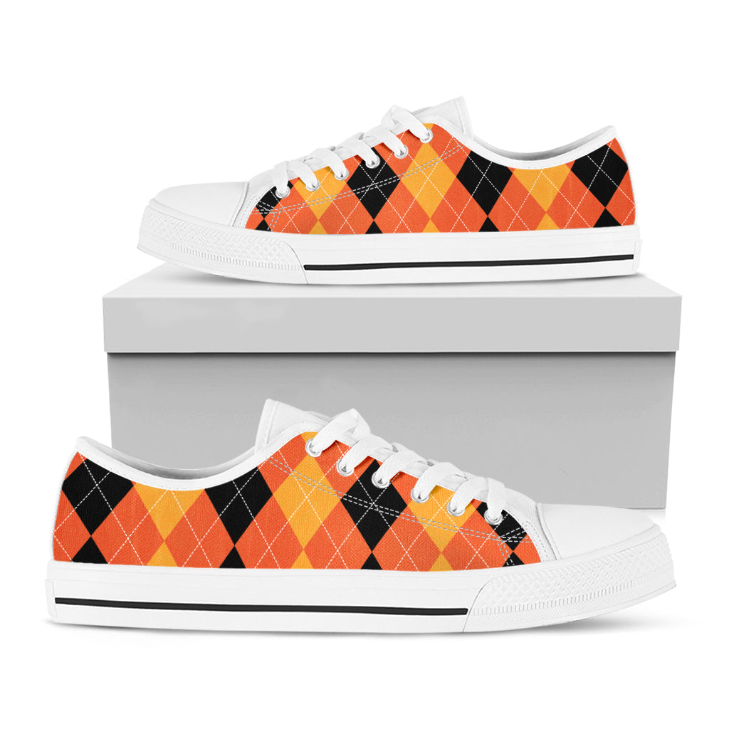 Orange And Black Argyle Pattern Print White Low Top Sneakers