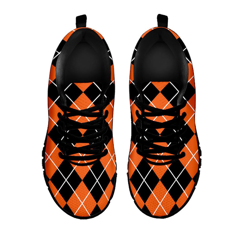 Orange And Black Argyle Print Black Running Shoes