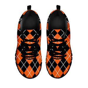 Orange And Black Argyle Print Black Running Shoes