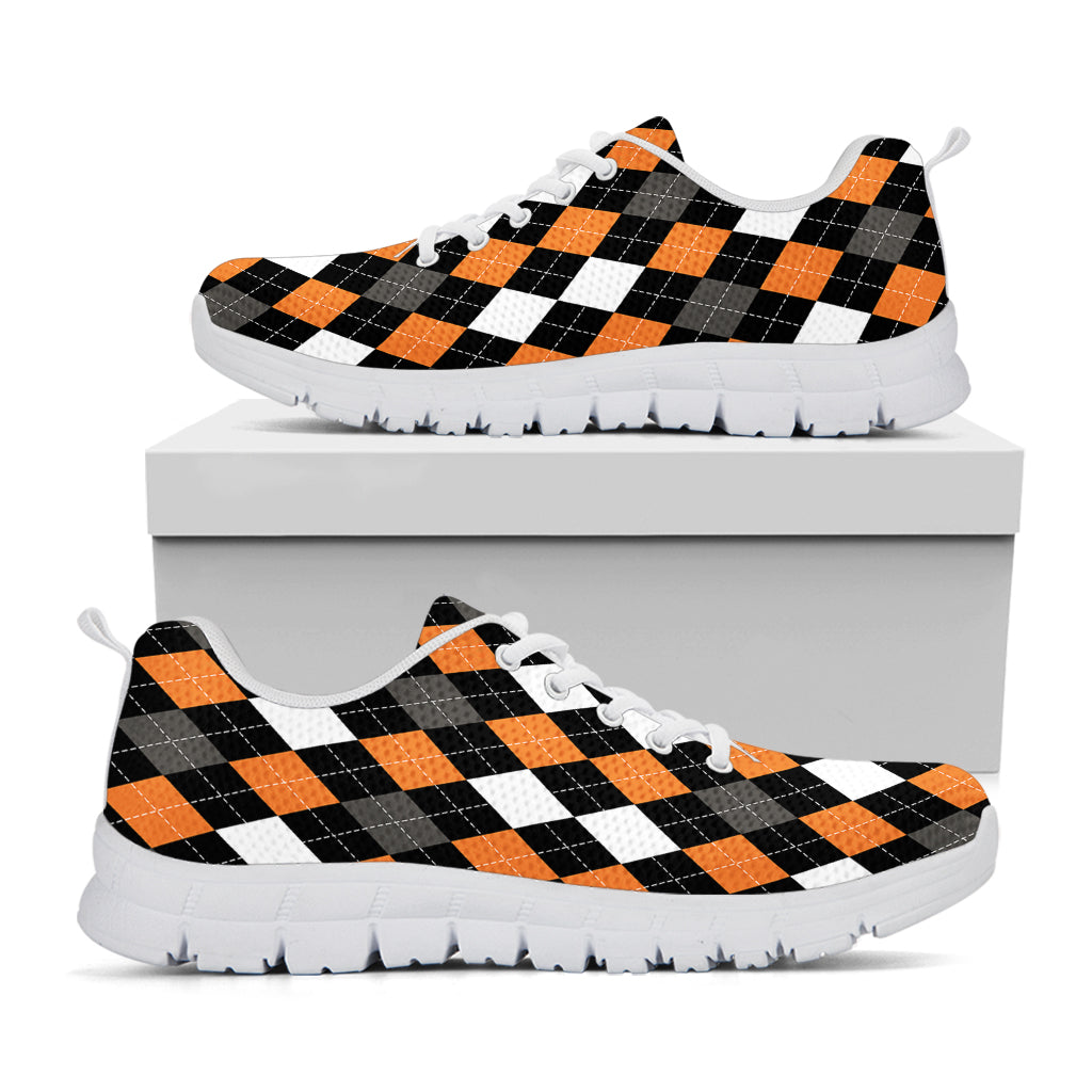 Orange Black Grey And White Argyle Print White Running Shoes