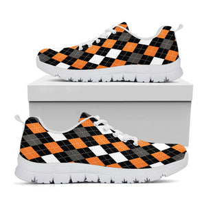 Orange Black Grey And White Argyle Print White Running Shoes