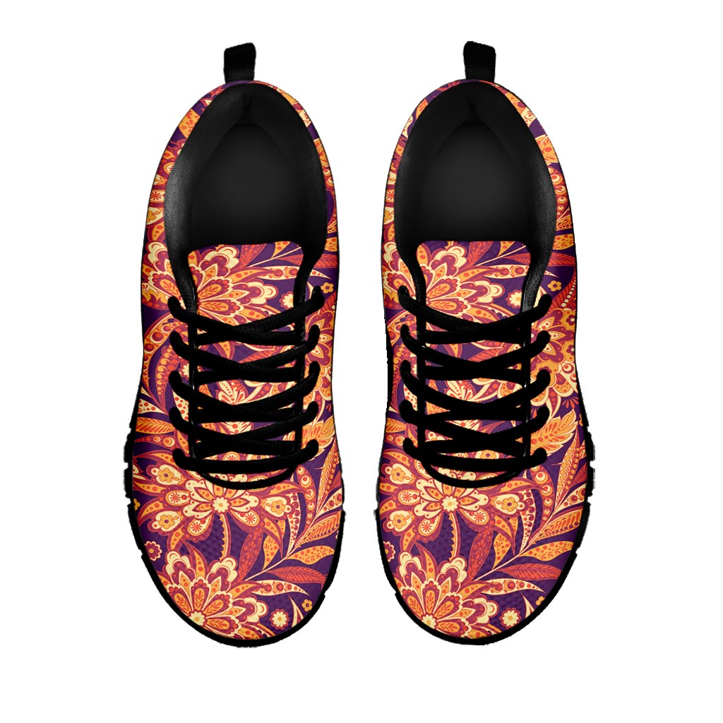 Orange Bohemian Floral Pattern Print Black Running Shoes