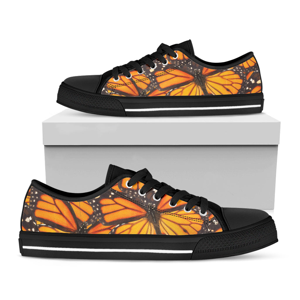 Orange Monarch Butterfly Pattern Print Black Low Top Sneakers