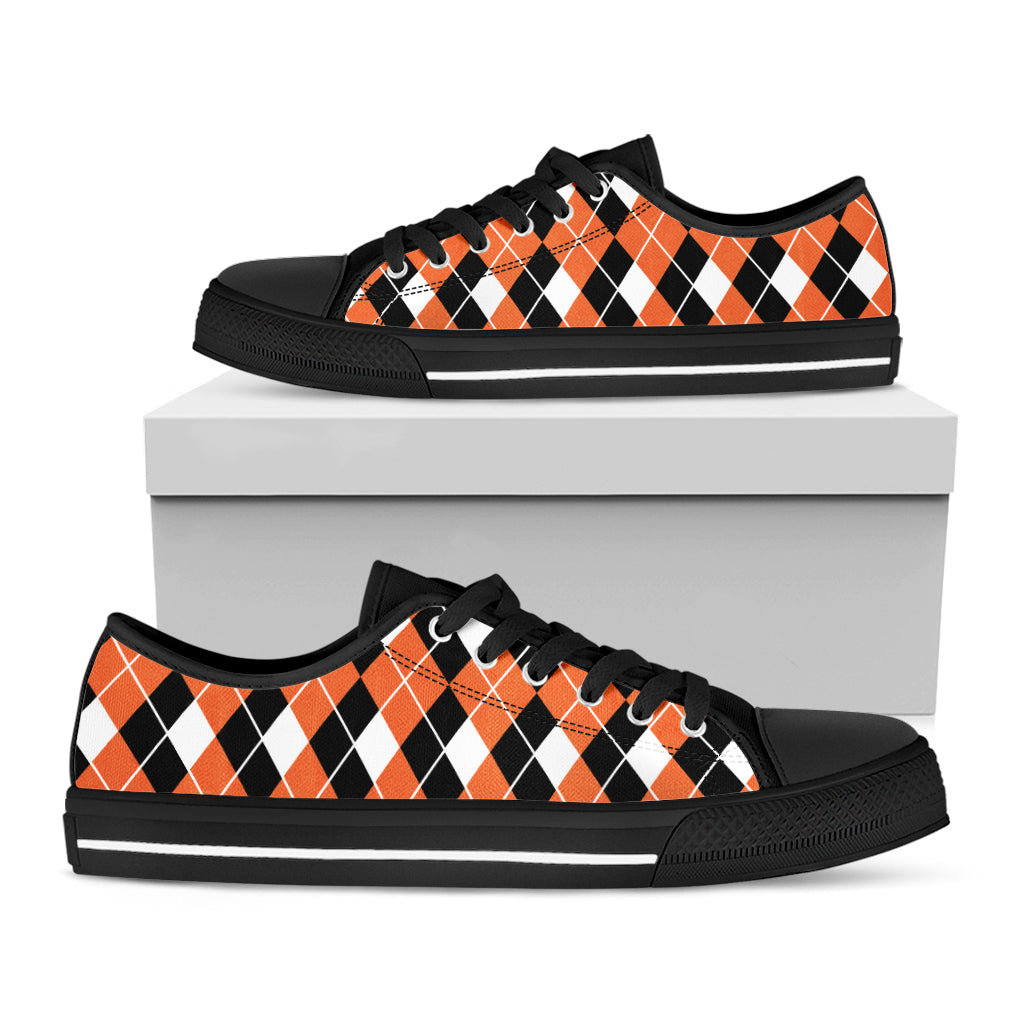 Orange White And Black Argyle Print Black Low Top Sneakers