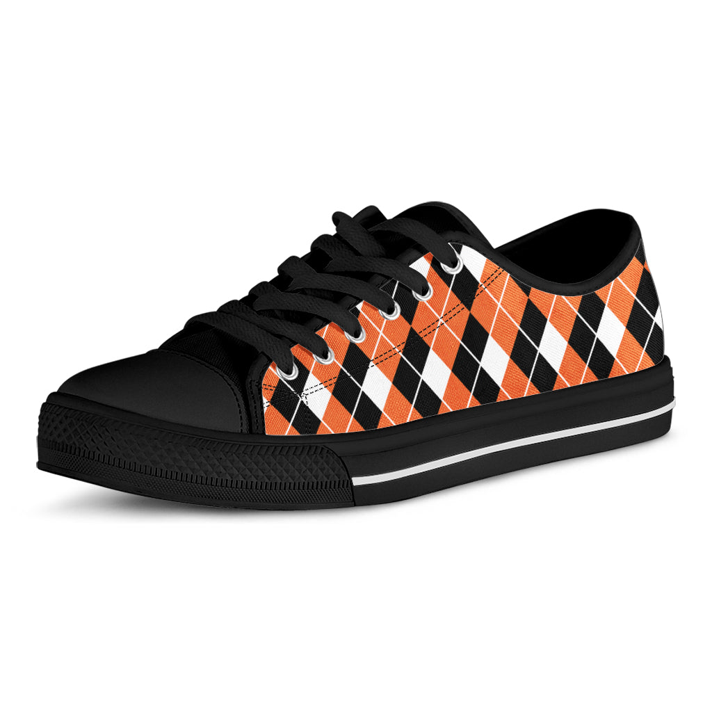 Orange White And Black Argyle Print Black Low Top Sneakers