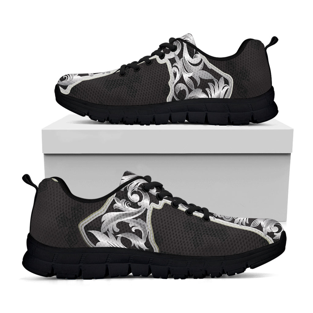 Ornamental Silver Cross Print Black Running Shoes