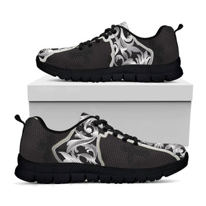 Ornamental Silver Cross Print Black Running Shoes