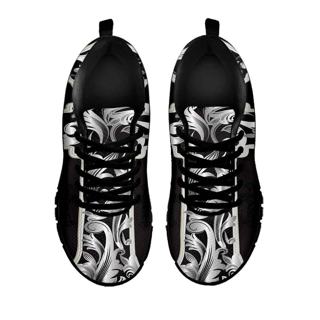 Ornamental Silver Cross Print Black Running Shoes