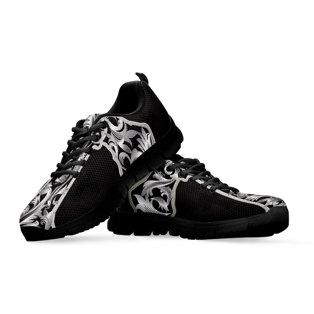 Ornamental Silver Cross Print Black Running Shoes