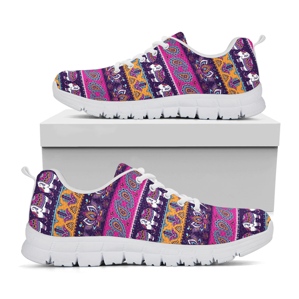 Paisley Elephant Hamsa Pattern Print White Running Shoes