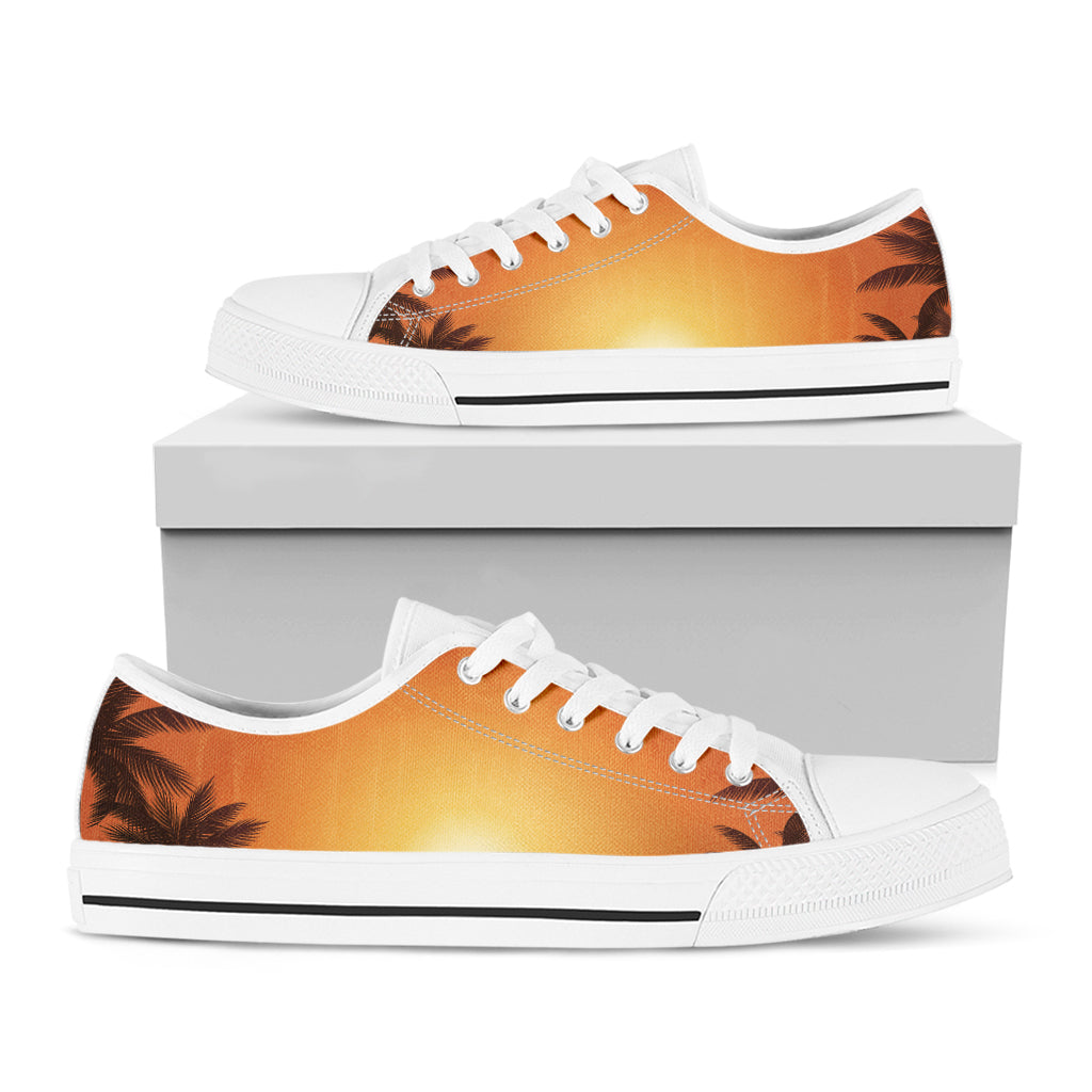Palm Tree Beach Sunset Print White Low Top Sneakers