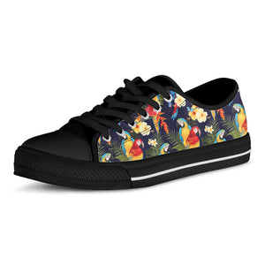 Parrot And Flower Pattern Print Black Low Top Sneakers