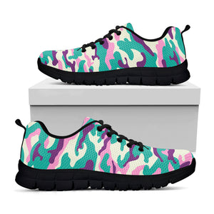 Pastel Teal And Purple Camouflage Print Black Running Shoes
