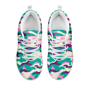 Pastel Teal And Purple Camouflage Print White Running Shoes