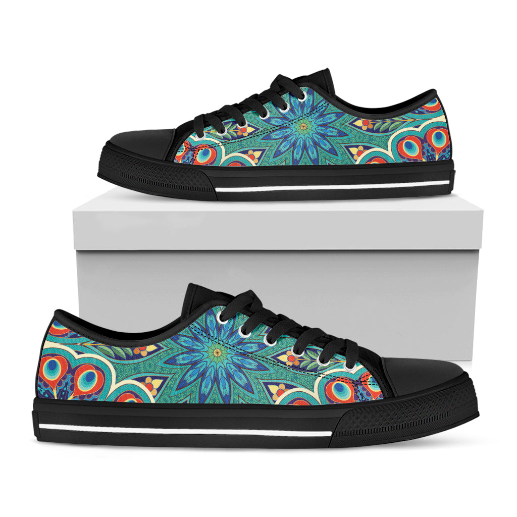 Peacock Feather Floral Pattern Print Black Low Top Sneakers